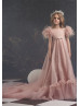 Feather Sleeves Beaded Lace Tulle Flower Girl Dress